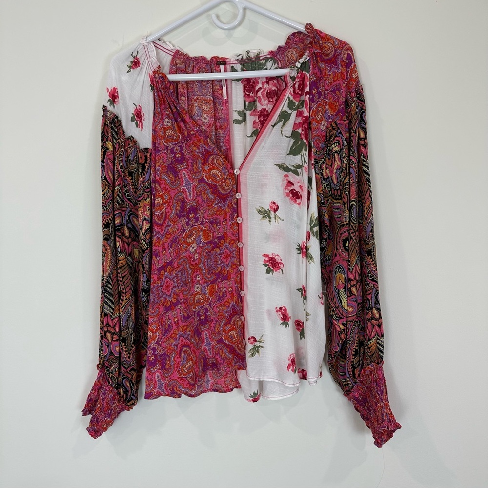 Free People Gemini Patchwork Blouse Pink Vintage Combo Size Small NWT
